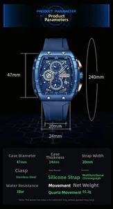 Detailed measurement chart for tonneau multifuctional blue quartz watch with silicone strap
