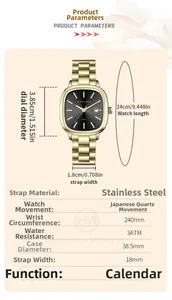 Detailed chart showing size and technical specs for the square black dial steel watch