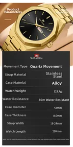 Close-up of brushed metal finish and detailed specs of gold octagonal quartz watch