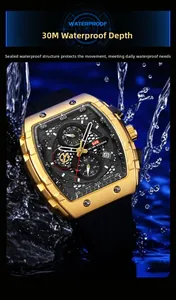 Macro shot of gold tonneau quartz watch with black silicone strap in splashing water drops