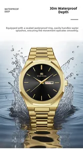 Detail of gold quartz watch showing 30M waterproof depth with splashing water effect