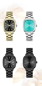 Detailed grid showing square stainless steel watches with date display in four colors