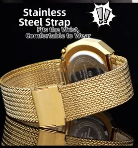 Close-up of gold stainless steel mesh strap with folding clasp on a digital watch