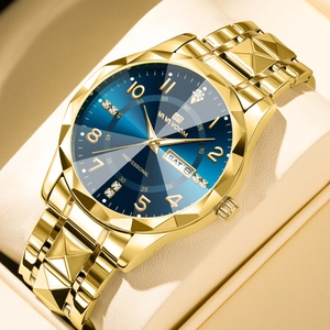 Men's luxury gold watch with blue dial, diamond-cut glass, and calendar display