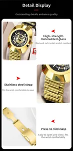 Detail view of gold mechanical watch with diamond-cut glass and skeleton dial display
