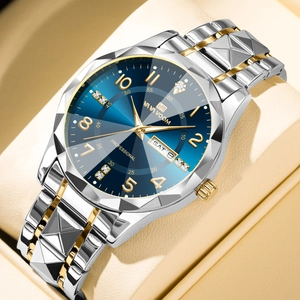 Men's luxury business watch featuring blue sunray dial and diamond-cut bezel design