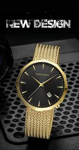 Close-up of golden polygonal watch with black radial dial and Milanese mesh strap