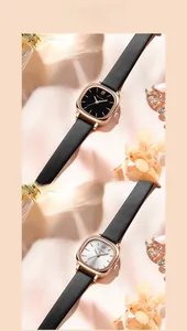 Detailsicht quadratischer Damen-Roségold-Uhren mit schwarzen Lederarmbändern in zwei Farben