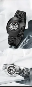 Macro detail of VAVA VOOM stainless steel watches with hollow gear dial and chain strap