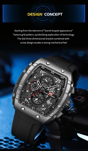 Men's tonneau-shaped quartz watch with black textured dial and industrial design details