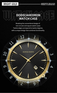Detail of dodecahedron gold watch case with black dial and woven metal strap