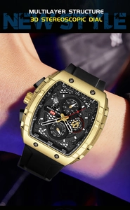 Close-up of golden tonneau metal watch case with 3D honeycomb dial on male wrist