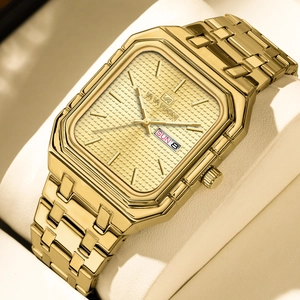 Montre d'affaires dorée pour hommes, cadran carré lumineux avec affichage de date