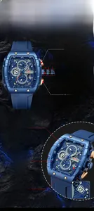 Detailed close-up showing the blue tonneau case and chronograph sub-dials of the quartz watch