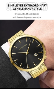 Close-up of men's gold octagonal watch with black dial and metal mesh strap on wrist
