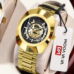 VAVAVOOM Men's Skeleton Quartz Watch Waterproof Luminous Stainless Steel Strap Luxury Business Casual Wristwatch For Men