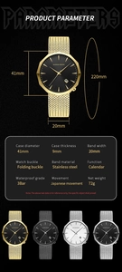 Detailed view of quartz watch specs with steel mesh strap and date calendar feature