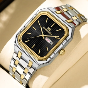 Montre homme VA VA VOOM carrée avec bracelet en acier bicolore et cadran noir texturé