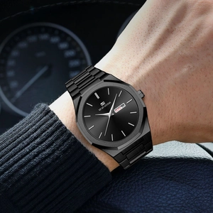 Men's minimalist black stainless steel quartz watch with octagonal bezel and calendar