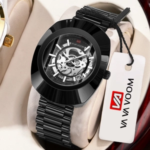 VA VA VOOM black skeleton quartz watch with steel strap and luminous date display