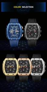 Five tonneau-shaped quartz watches with silicone straps in various colors on dark tech background