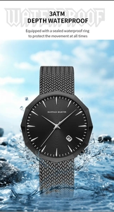 Detail of waterproof stainless steel watch featuring black dial and octagonal bezel design
