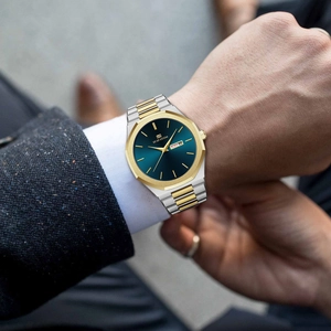 Men's business fashion watch with octagonal gold bezel and two-tone metal strap