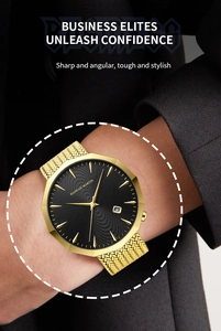 Close-up of golden octagonal steel watch with black dial and gold mesh band on wrist