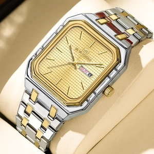 Montre de luxe VA VA VOOM carrée avec bracelet en acier bicolore et cadran doré