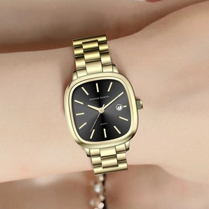 Hannah Martin gold square watch for women with black dial and date display