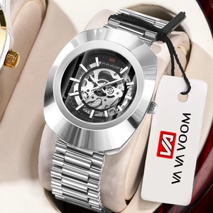 Luminous waterproof skeleton quartz watch with silver stainless steel strap for men