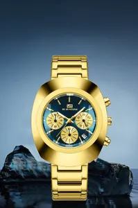 Detail view of gold-plated quartz watch with diamond-cut crystal and blue multifunction dial