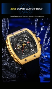 Close-up of golden tonneau watch showing 30M waterproof rating and calendar detail
