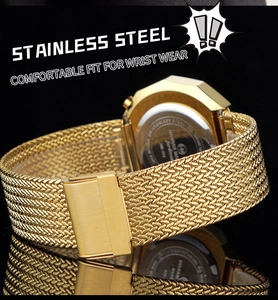 Detailed close-up of golden stainless steel mesh strap and case back on a black background