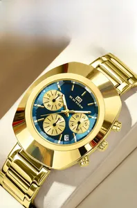 Detail of multi-functional gold watch with diamond-cut glass and blue dial