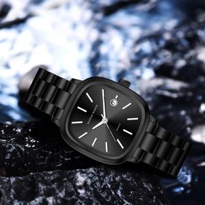 Women's minimalist black square watch with steel link strap and date window