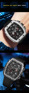 Close-up of a tonneau-shaped quartz watch with complex skeleton dial and silicone strap