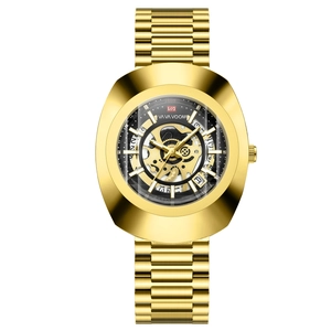 Skeleton automatic men's watch in gold stainless steel with oval case and metal band