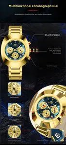 Macro detail of gold stainless steel chronograph watch with blue sunray dial and sub-dials