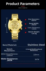 Macro detail of gold stainless steel chronograph watch with 48mm dial and metal strap
