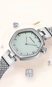 Detailed side view of hexagonal silver watch with green wave dial and mesh strap