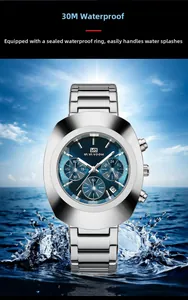 Detailed view of blue chronograph dial with water splash showing 30m waterproof rating