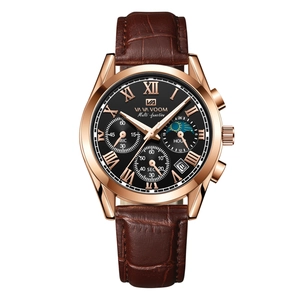 Montre multifonction homme avec boîtier or rose, cadran noir et bracelet en cuir brun