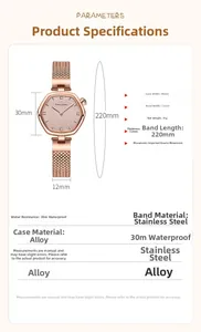 Detailed specs of ultra-thin hexagonal rose gold watch with mesh strap and crystal markers