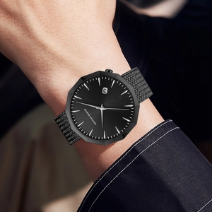 Men's all black stainless steel quartz watch with geometric case and mesh strap