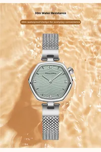 Detail of waterproof watch with green ripple dial and 30m water resistance display