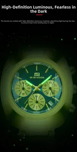 Macro shot of luminous hands and indices on the dark green multifunction watch dial