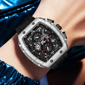 Fashionable tonneau-shaped quartz business watch with black honeycomb dial and rubber strap