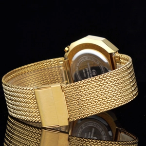 Men's gold stainless steel quartz watch with mesh strap and octagonal case on black background