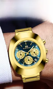 Detail of VA VA VOOM gold chronograph watch with deep blue dial on a male wrist